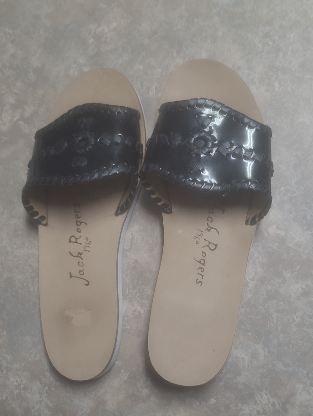 Jack Rogers Black Patent Floral-Embellished Slide Sandals